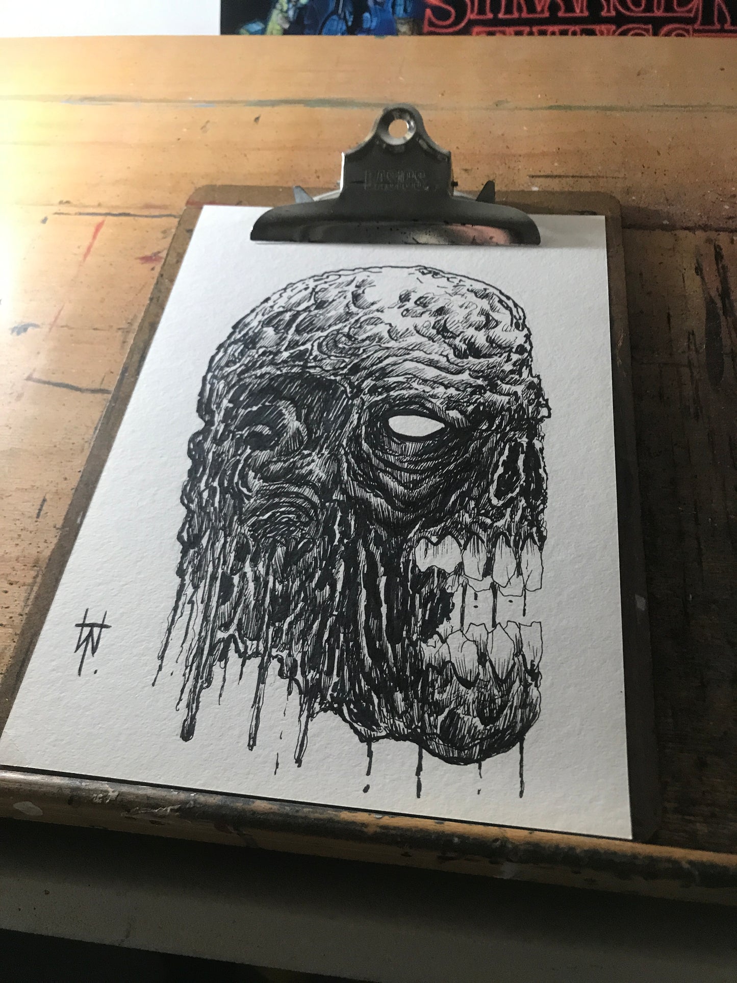 Zombie Rotting Skull Head Ink Drawing
