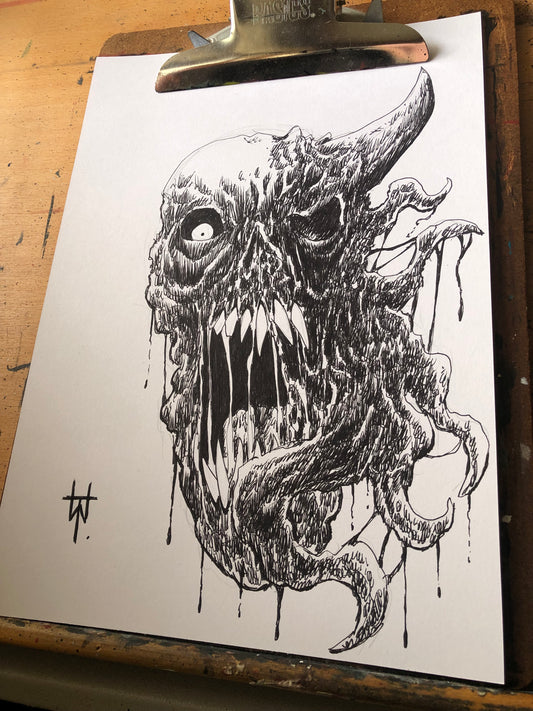 Dark Demon Skull Rot Ink Drawing