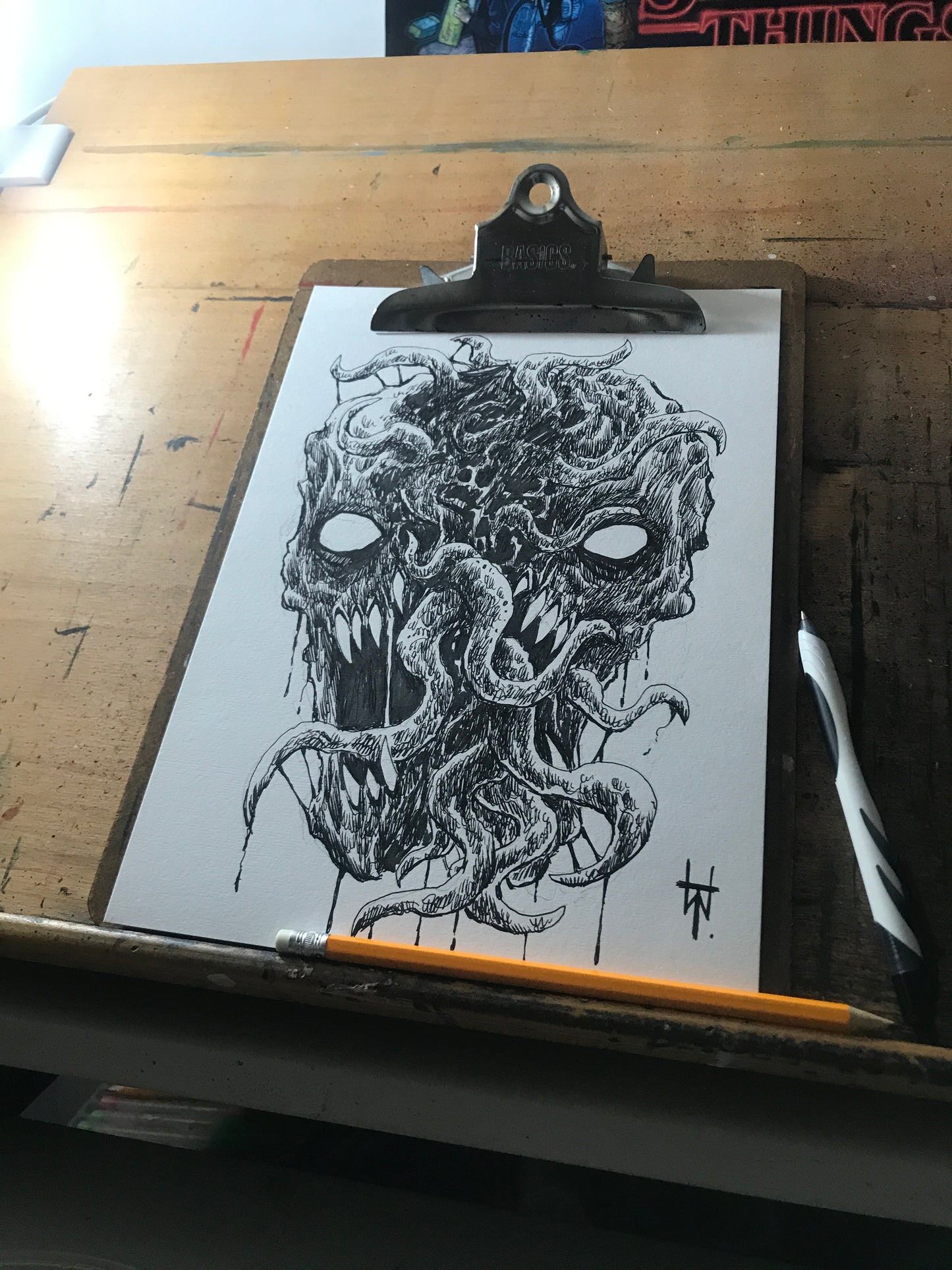 Licensed Split Demon Skull Black Ink Artwork Design