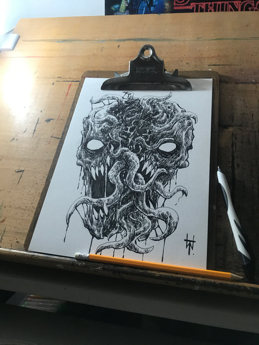 Licensed Split Demon Skull Black Ink Artwork Design