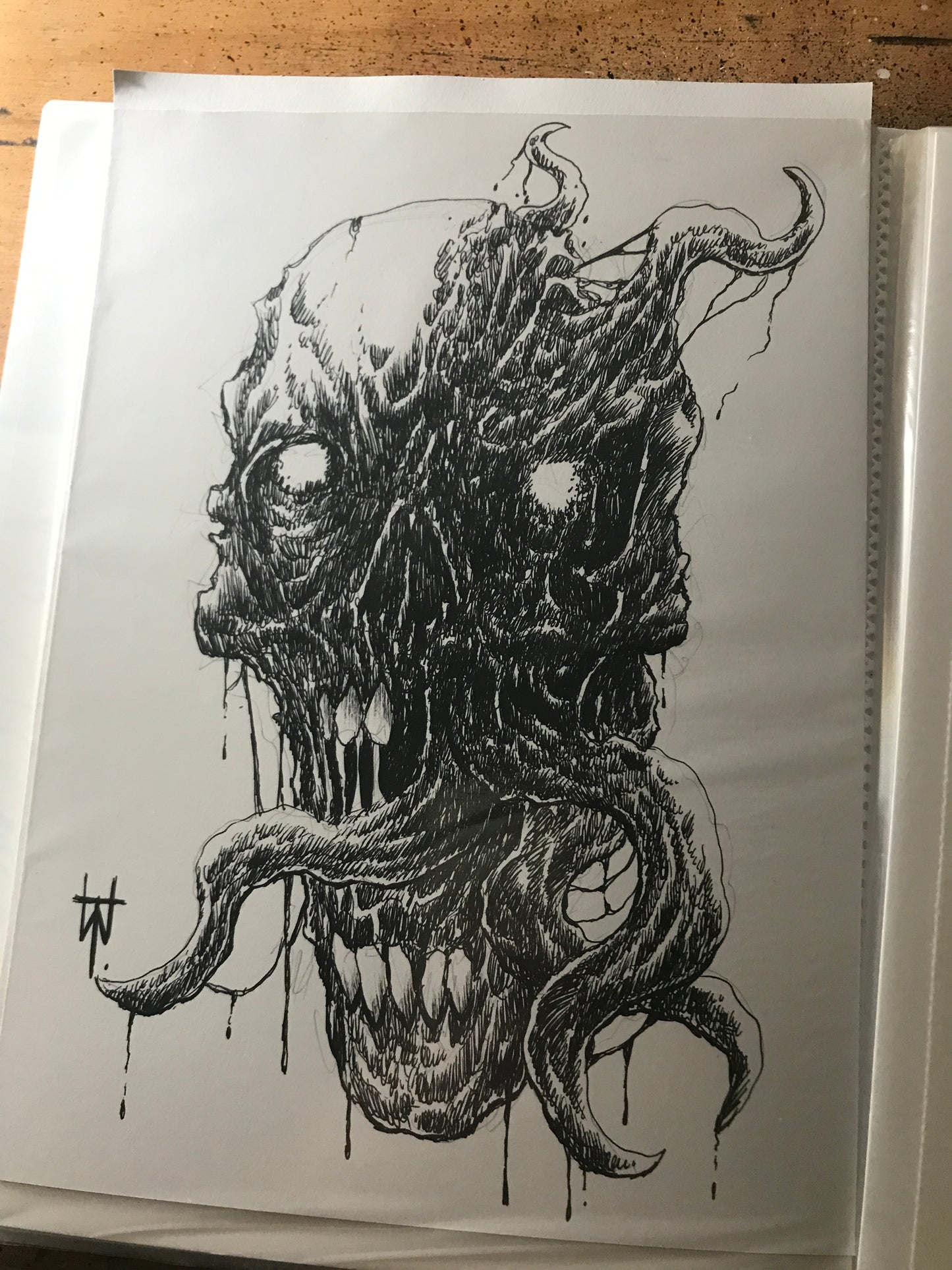 A4 Original Skull ink Drawing