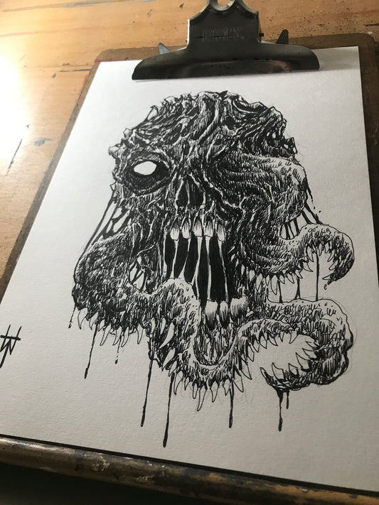 Dark Horror Skull Ink Drawing